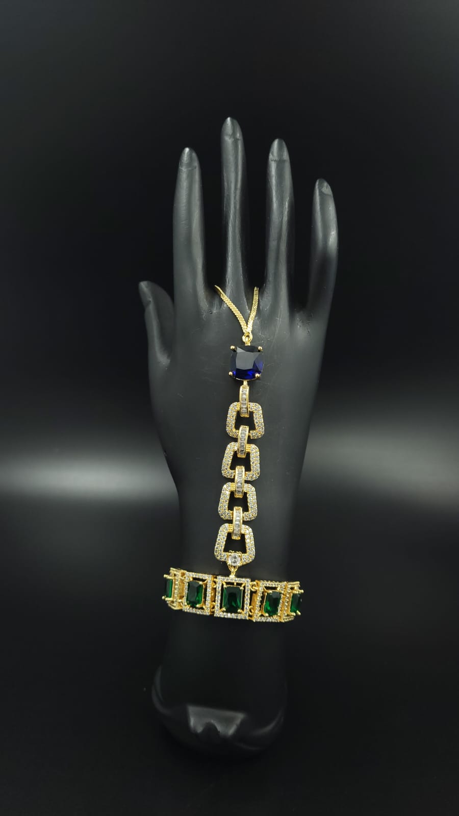 AD hath phool | Hath panja | Hand Bracelet with adjustable pully (Free Size) Blue and Green in color | Gold Plating