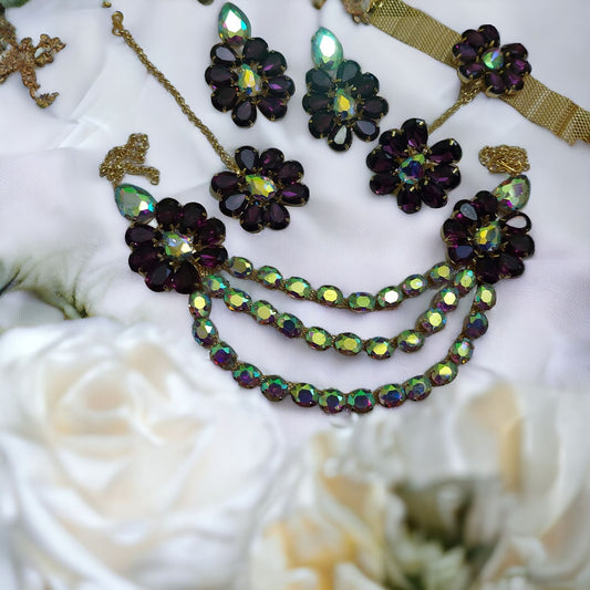 Glass Stone Necklace Multi layer lahori Flower Design with mang tika Purple and Rainbow Color