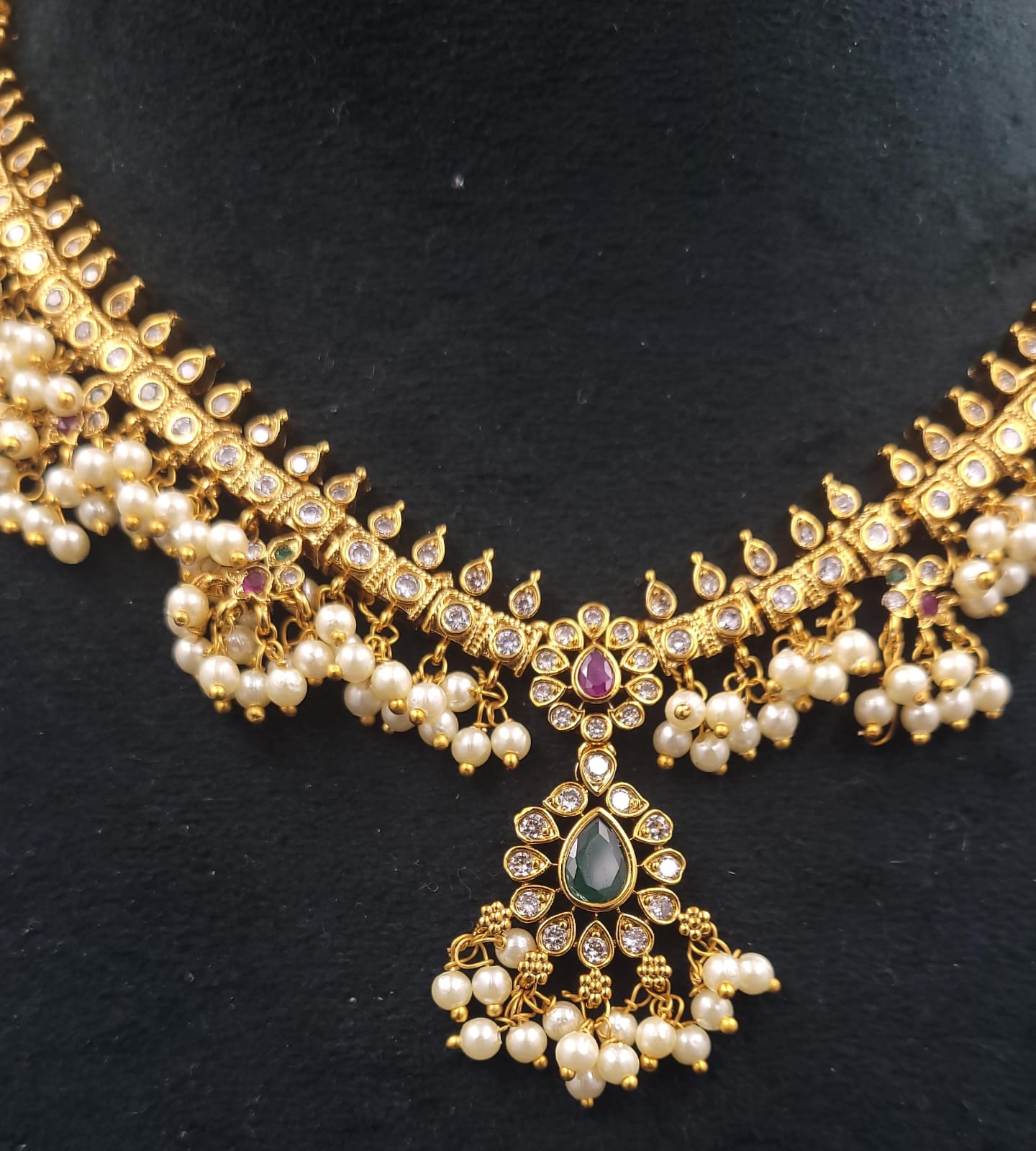 South Indian Guttapusalu Necklace Set with pearl and Semi Precious Stones