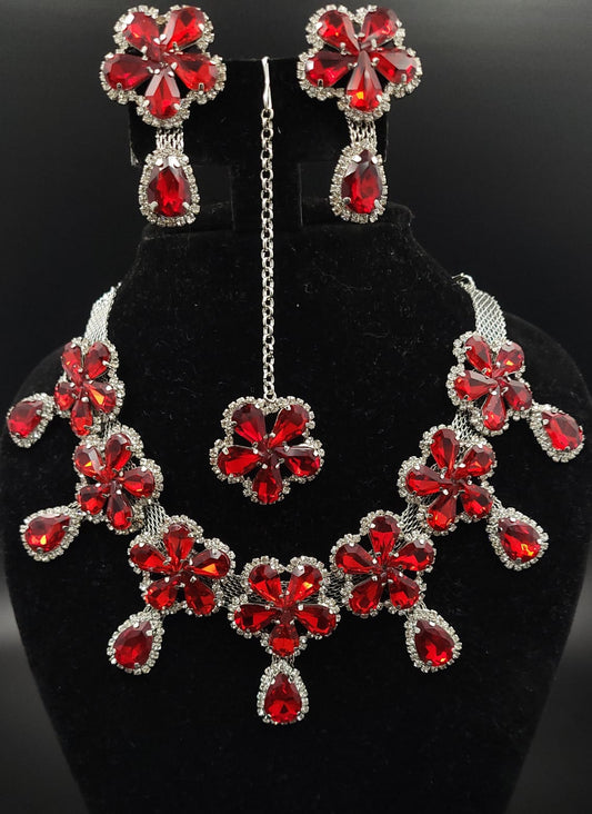 Glass stone CZ Necklace Earrings Mangtika set Red color