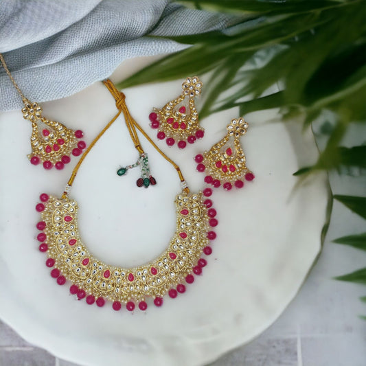 Kundan with hydro crystal necklace earrings mangtika set Rani Pink in Color