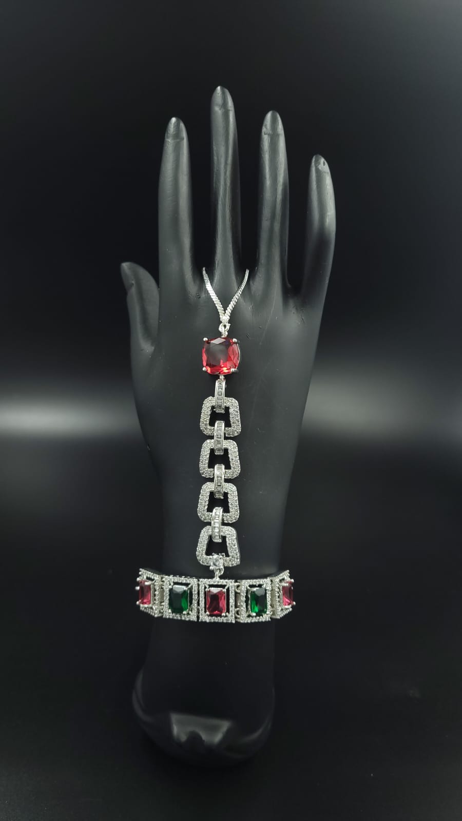 AD hath phool | Hath panja | Hand Bracelet  with adjustable pully (Free Size) Red and Green | Silver Plating