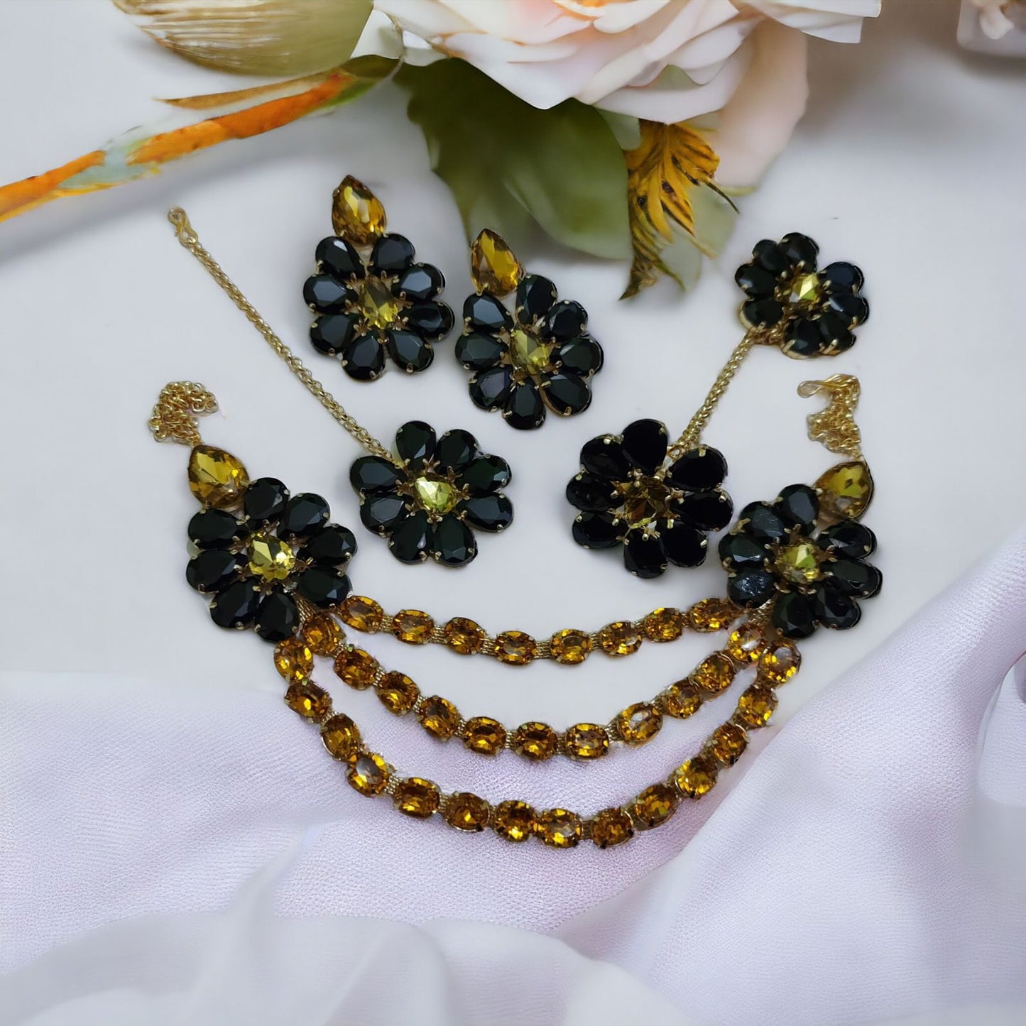 Glass Stone Necklace Multi layer lahori Flower Design with mang tika Yellow and Black Color