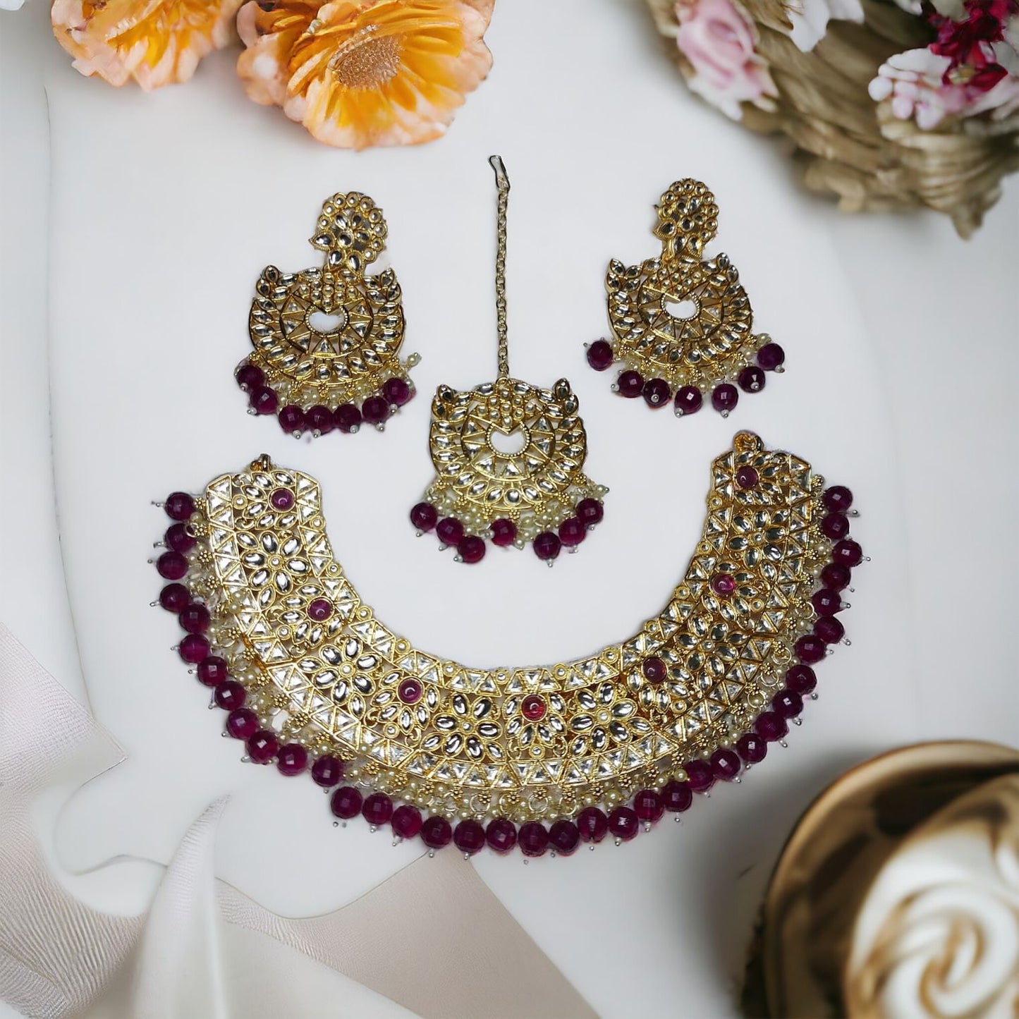 Kundan Hydro Crystal Necklace Set With Earrings Mangtika Red in Color