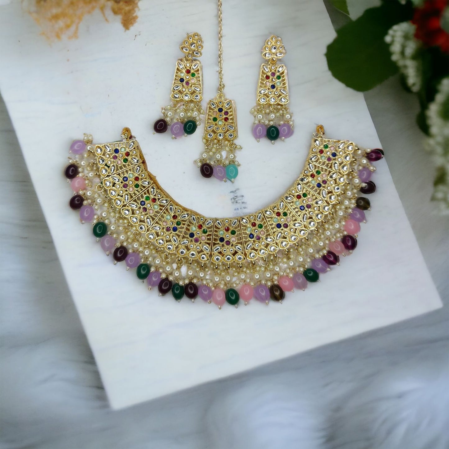 Kundan Hydro Crystal Necklace Set With Earrings Mangtika Multi-Color