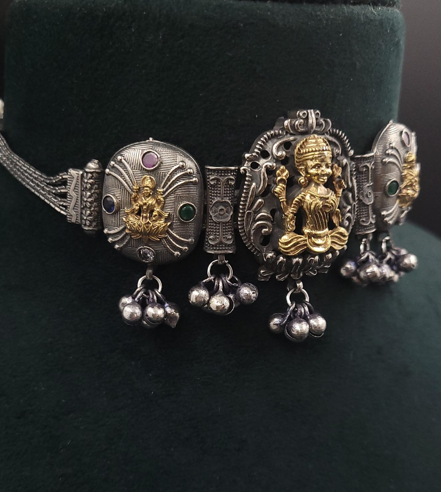 Dual Tone Silver Lookalike Temple Choker set with Ruby and Emerald stone work with Laxmi mata Motif