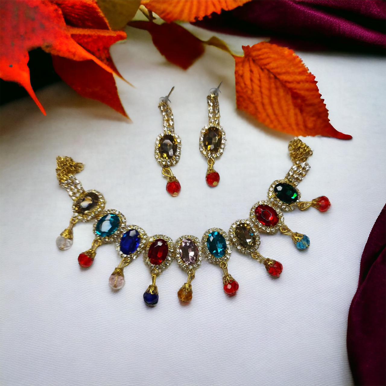 Glass Stone Necklace Set With Earrings Multi-Color