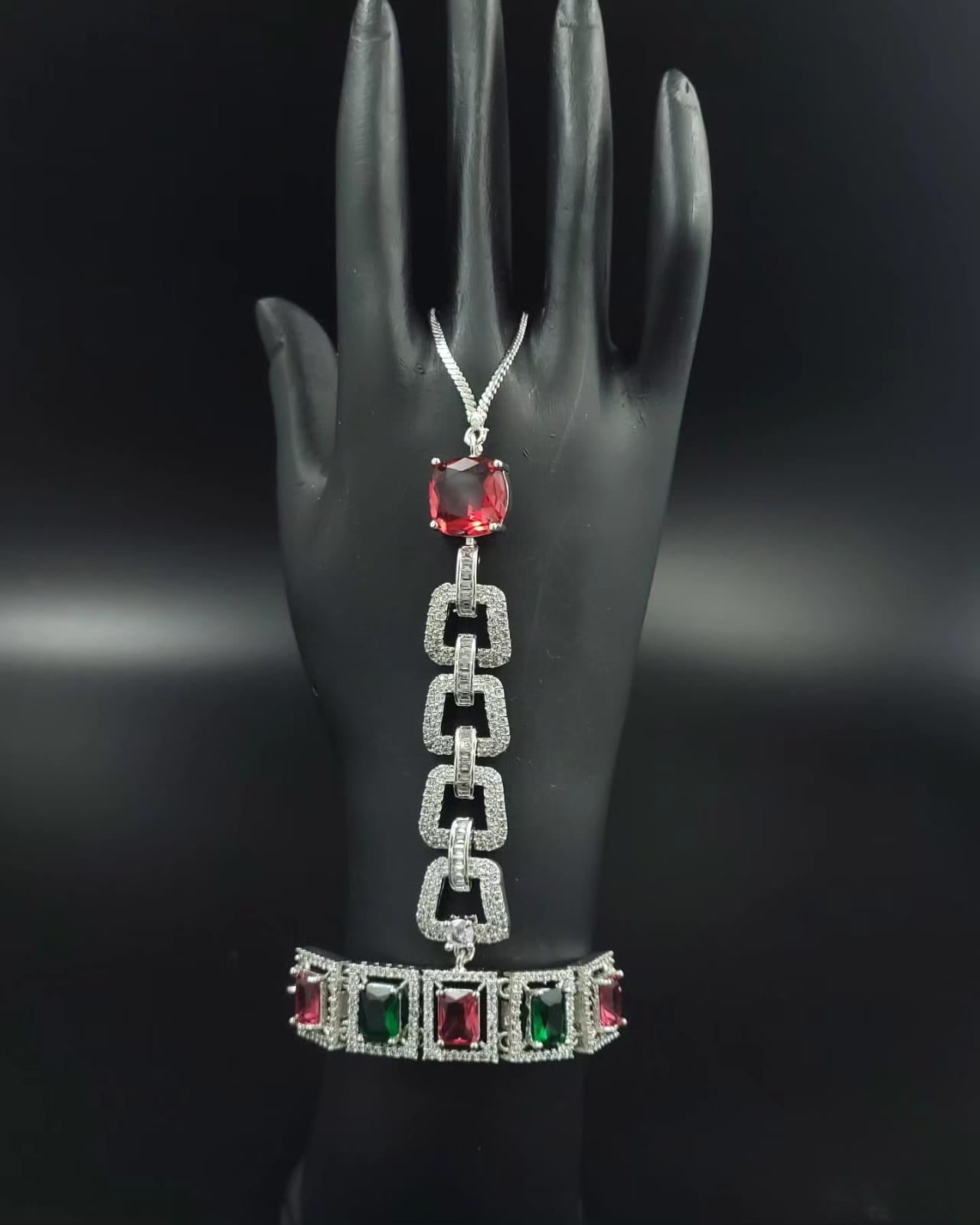 AD hath phool | Hath panja | Hand Bracelet  with adjustable pully (Free Size) Red and Green | Silver Plating