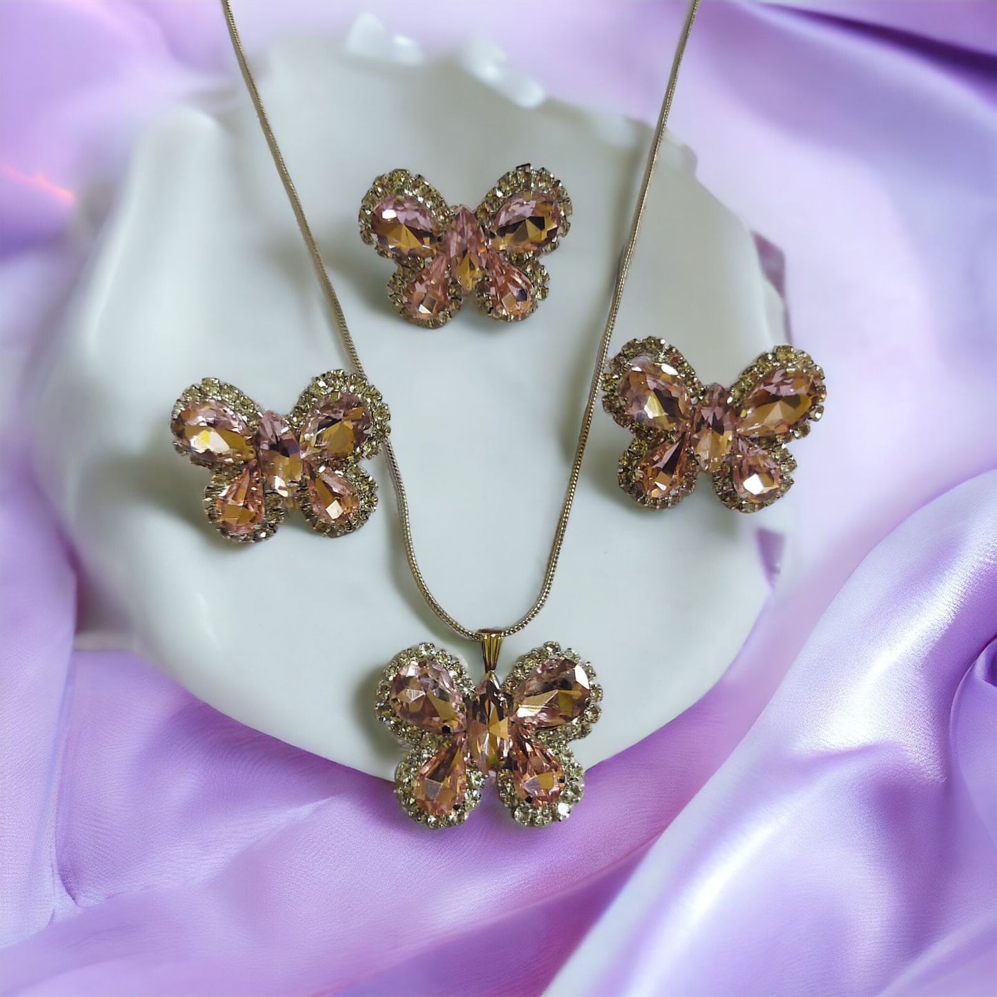 Glass Stone Butterfly pendent set with adjustable fingerring and earrings Blush-Pink Color