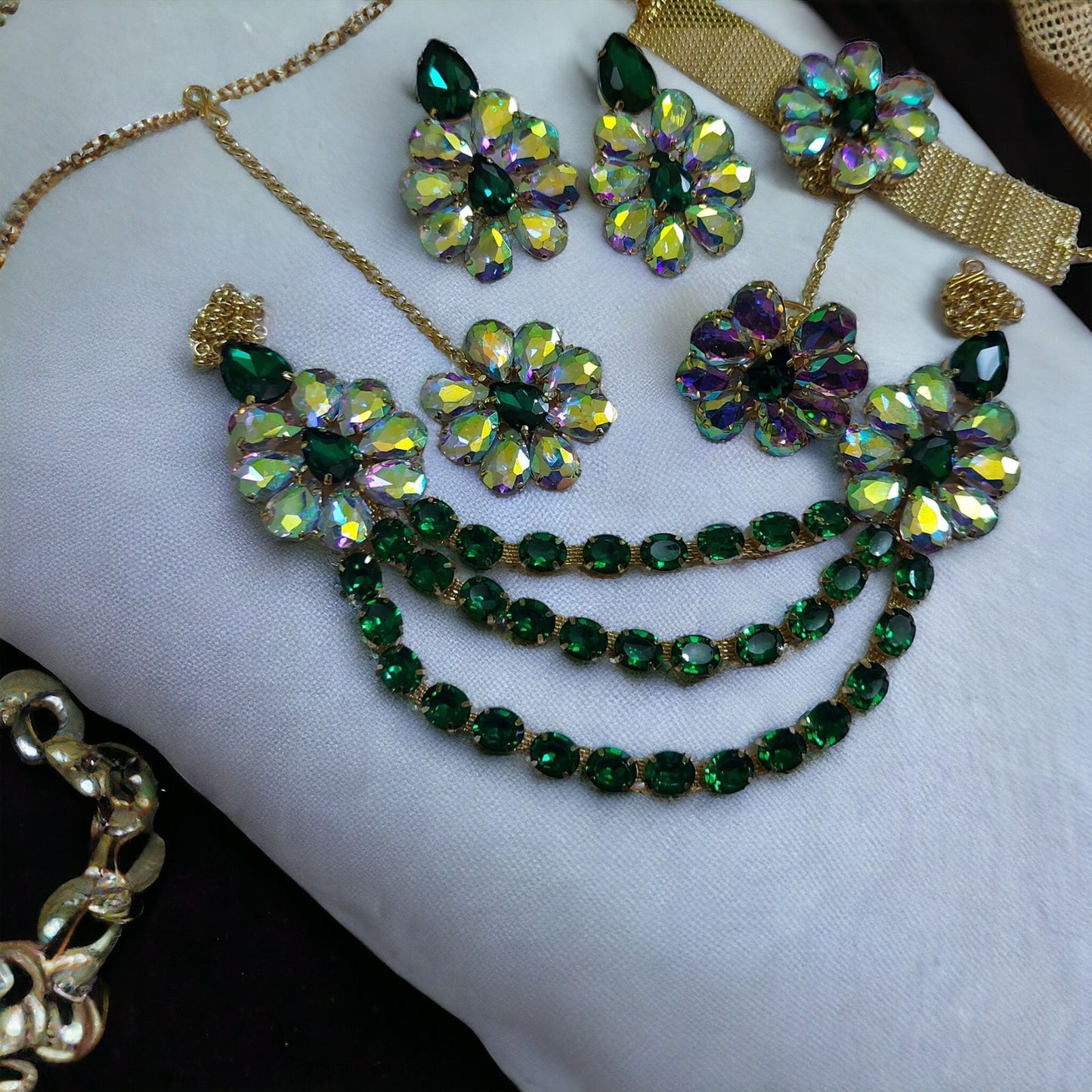 Glass Stone Multi layer lahori Flower Design with mang tika Green and Rainbow Color