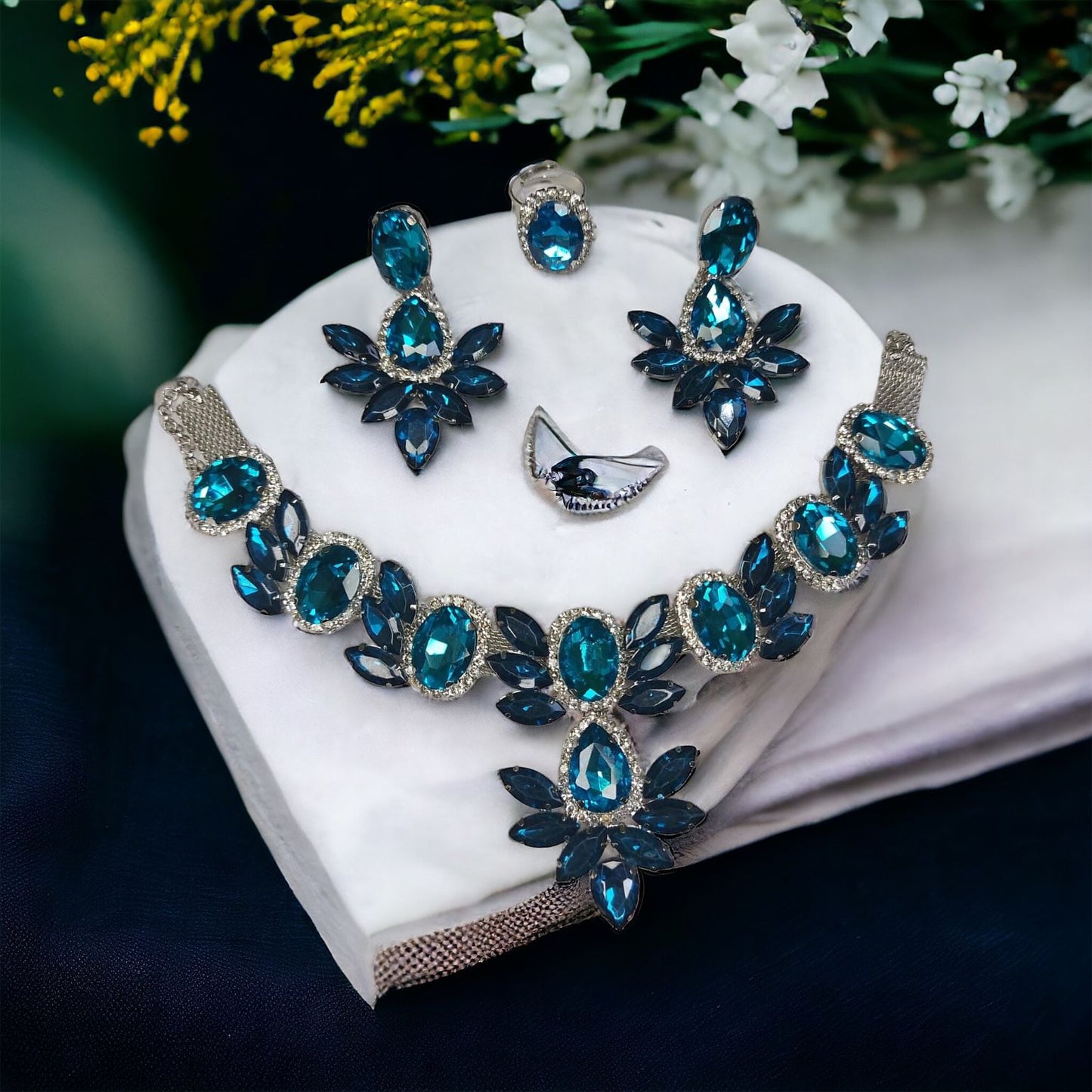 Glass Stone Necklace Set With Earrings And Adjustable Finger-Ring Peacock-Blue Color