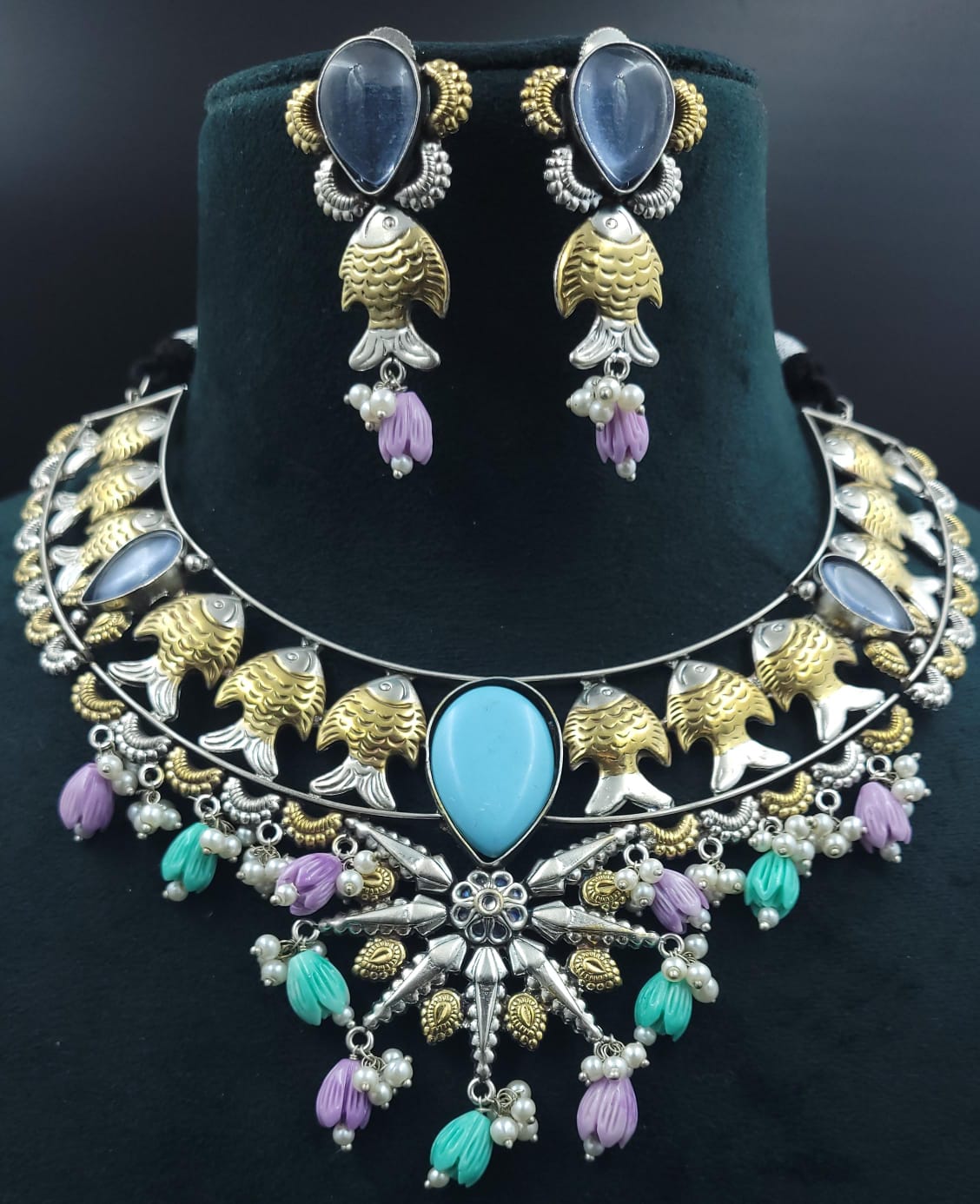 Silver Lookalike Fish Designed Necklace Set with Semi Precious Stones