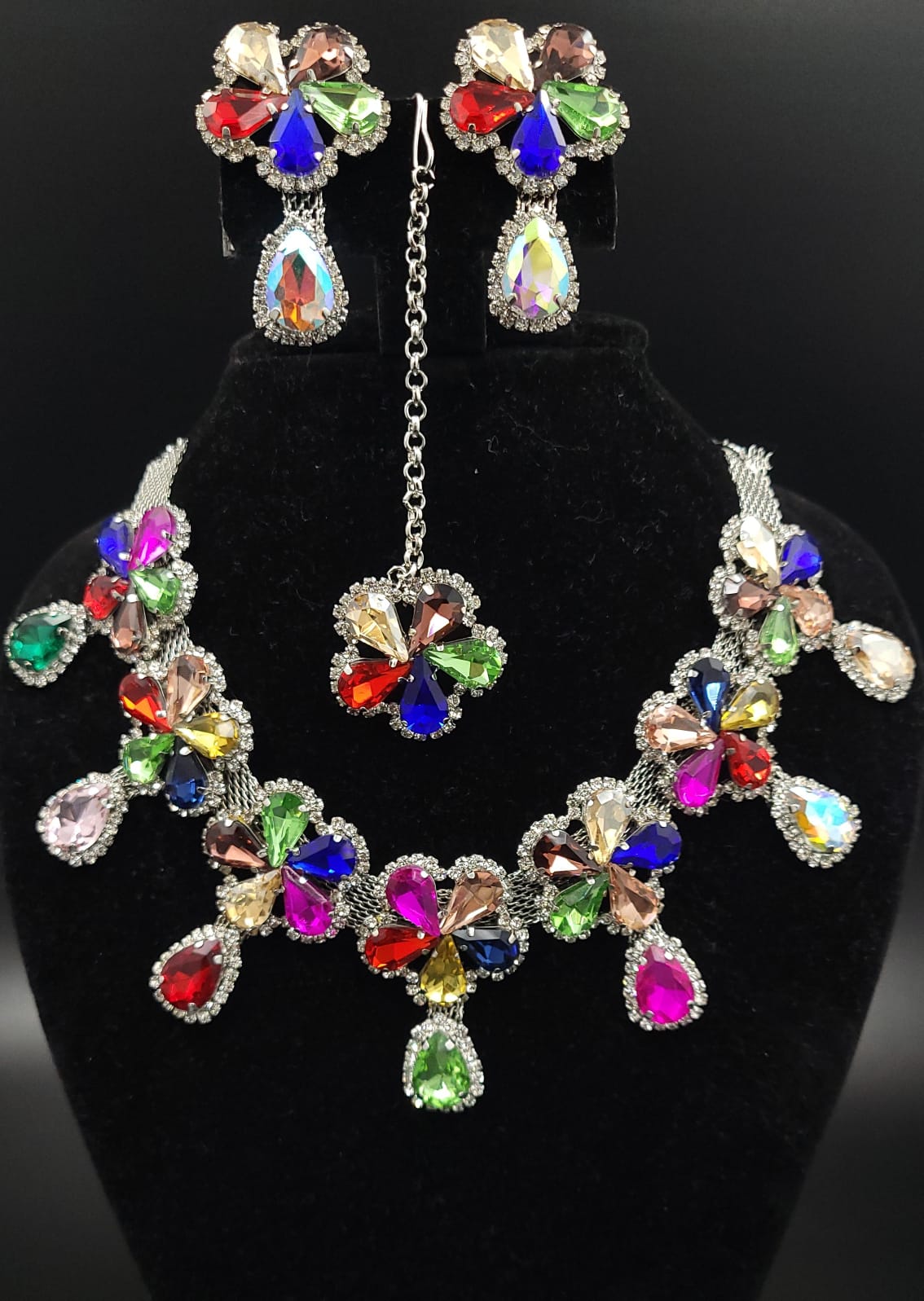 Glass stone CZ Necklace Earrings Mangtika set multi color