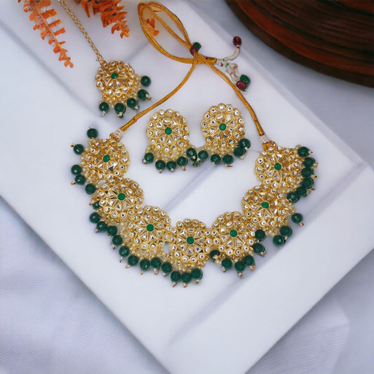 Kundan with hydro crystal necklace earrings mangtika set Green in Color