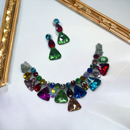 Glass Stone necklace set with earrings Multi Color