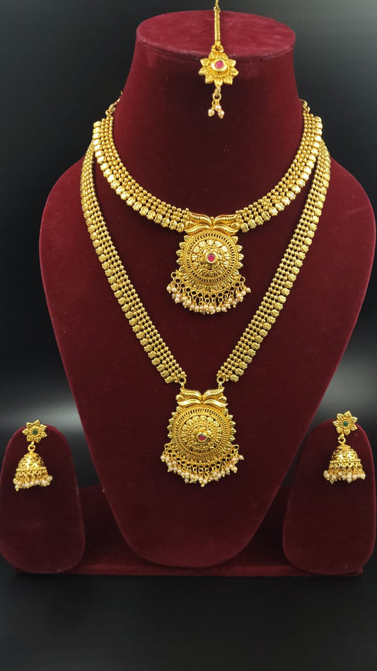 South Indian Temple Bridal Jewellery Combo Set  Contains Long Mala, Necklace,  Mangtika , Earrings