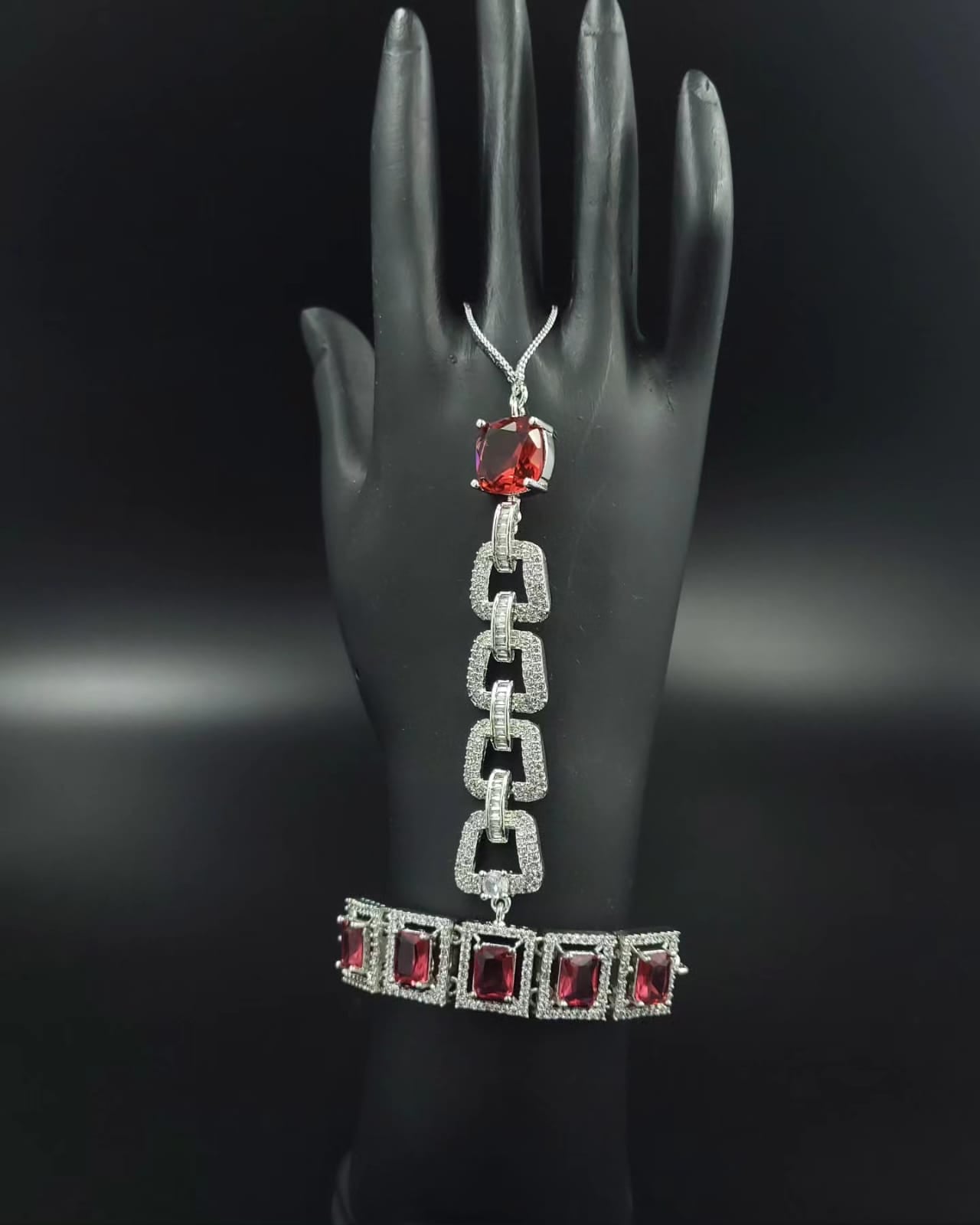 AD hath phool | Hath panja | Hand Bracelet  with adjustable pully (Free Size) Red in color | Silver Plating