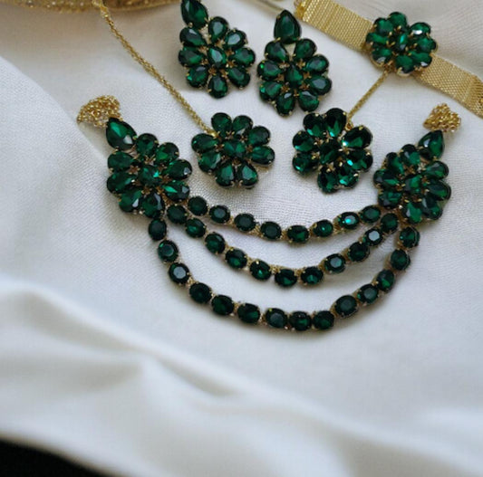 Glass Stone Necklace Multi layer lahori Flower Design with mang tika Green Color