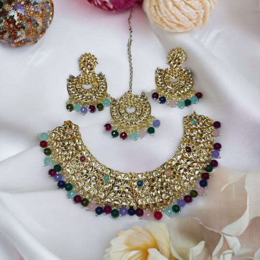 Kundan Hydro Crystal Necklace Set With Earrings Mangtika Multi-Color