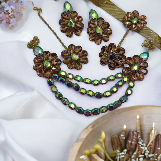 Glass Stone Necklace Multi layer lahori Flower Design with mang tika Rose Gold and Rainbow Color