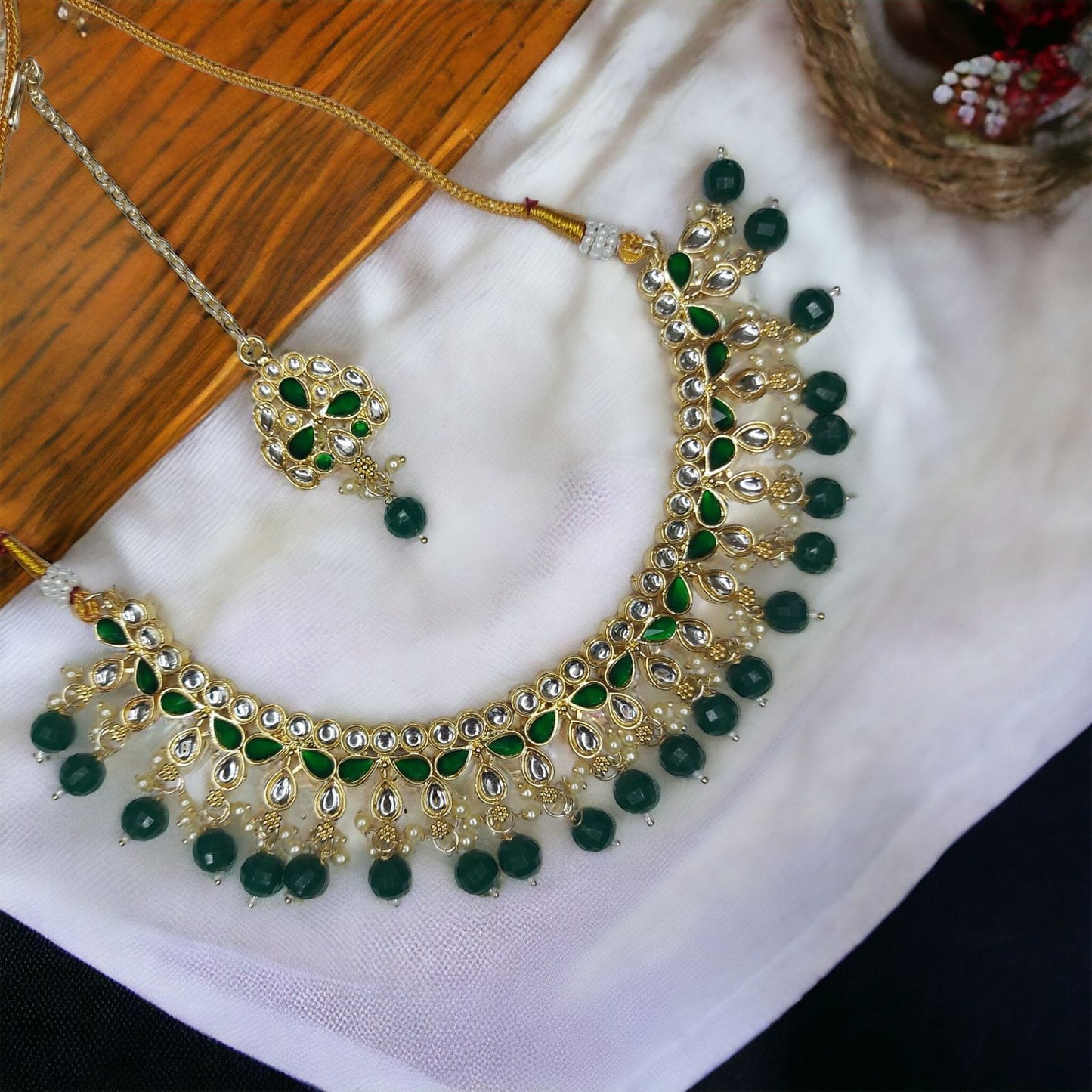 Kundan Polki With Hydro Crystal Choker Necklace Earrings With Mangtika