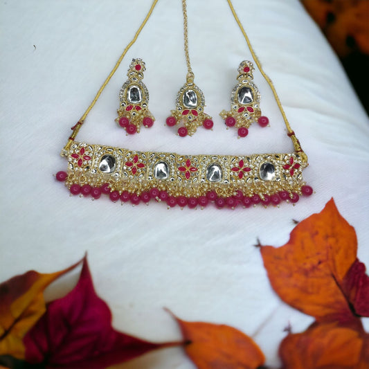 Kundan Polki With Hydro Crystal Choker Necklace Earrings With Mangtika Set Rani-Pink Color