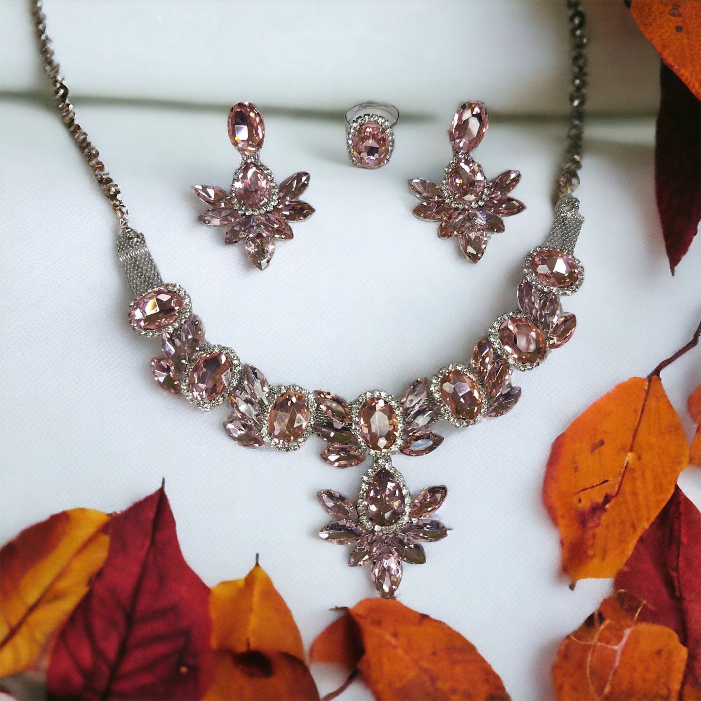 Glass Stone Necklace Set With Earrings And Adjustable Finger-Ring Blush-Pink Color