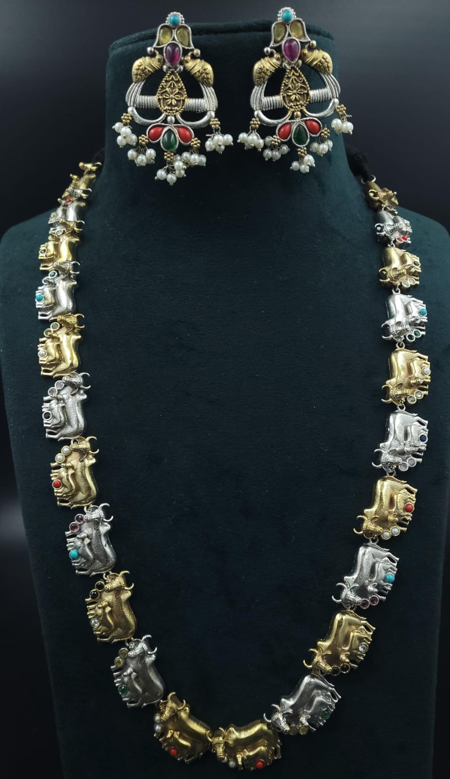 Silver Lookalike Long Necklace Set with Semi Precious Stones and Cow/Bull Motif