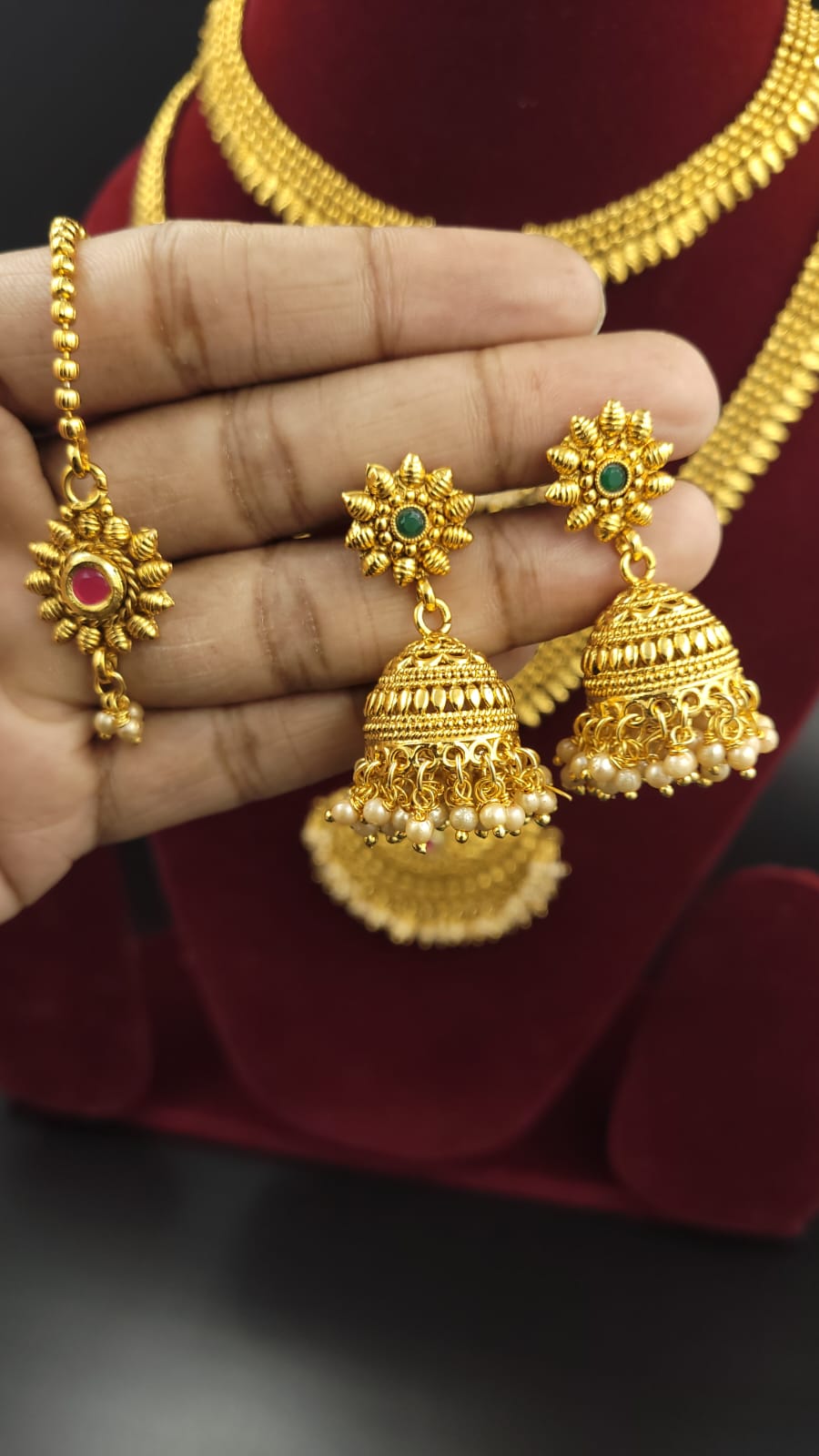 South Indian Temple Bridal Jewellery Combo Set  Contains Long Mala, Necklace,  Mangtika , Earrings