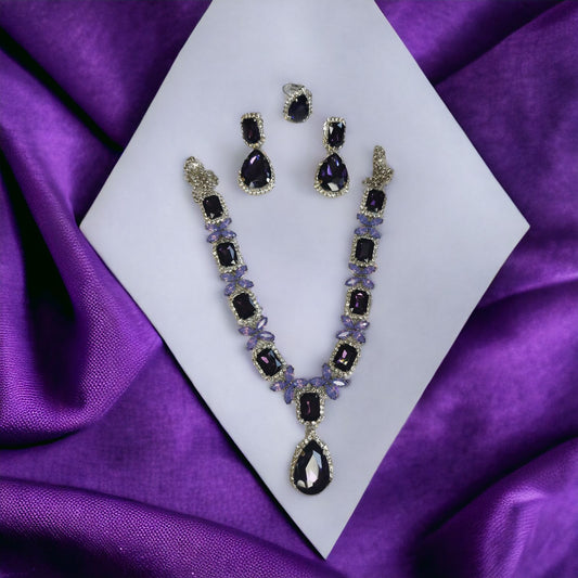 Glass Stone Necklace Set With Earrings And Adjustable Finger-Ring Purple Color