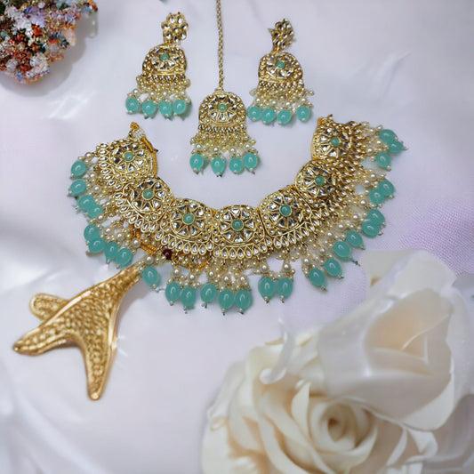 Kundan Hydro Crystal Necklace Set With Earrings Mangtika Mint-Green Color