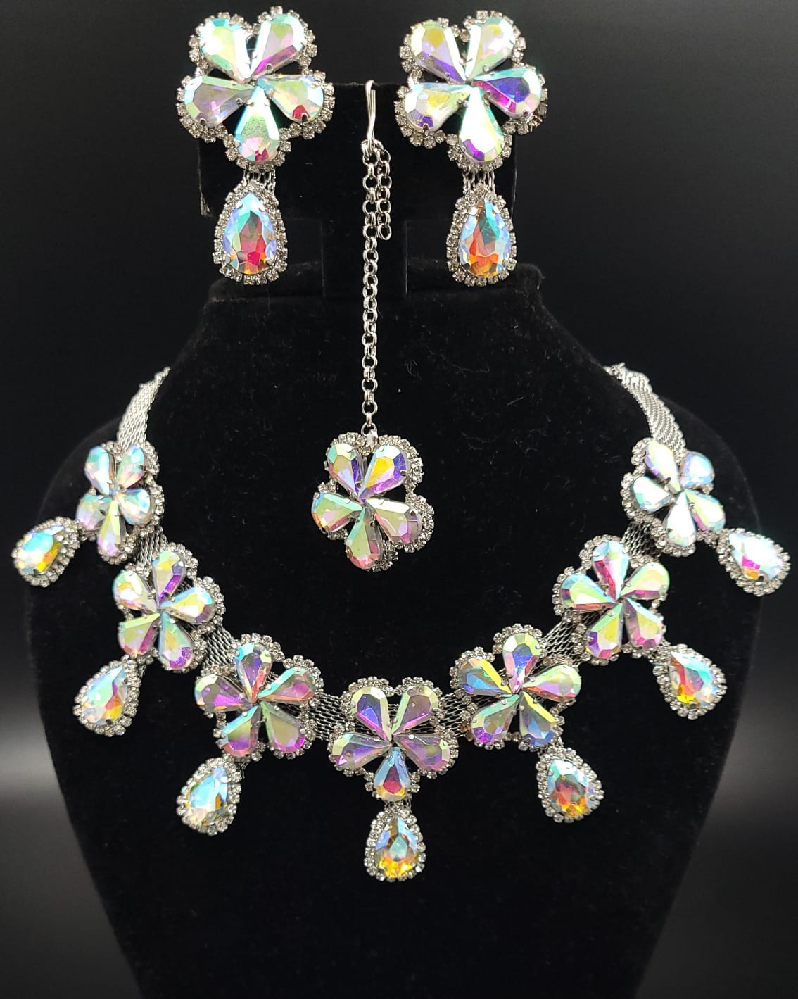 Glass stone CZ Necklace Earrings Mangtika set rainbow color