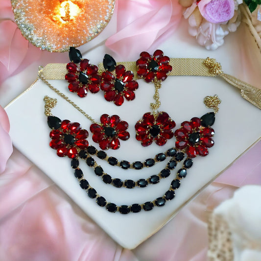 Glass Stone Necklace Multi layer lahori Flower Design with mang tika Red and Black Color