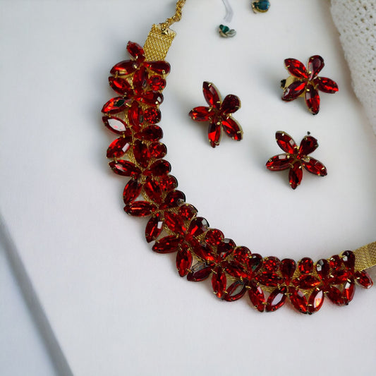 Glass Stone necklace set with earrings and adjustable fingerring Red Color