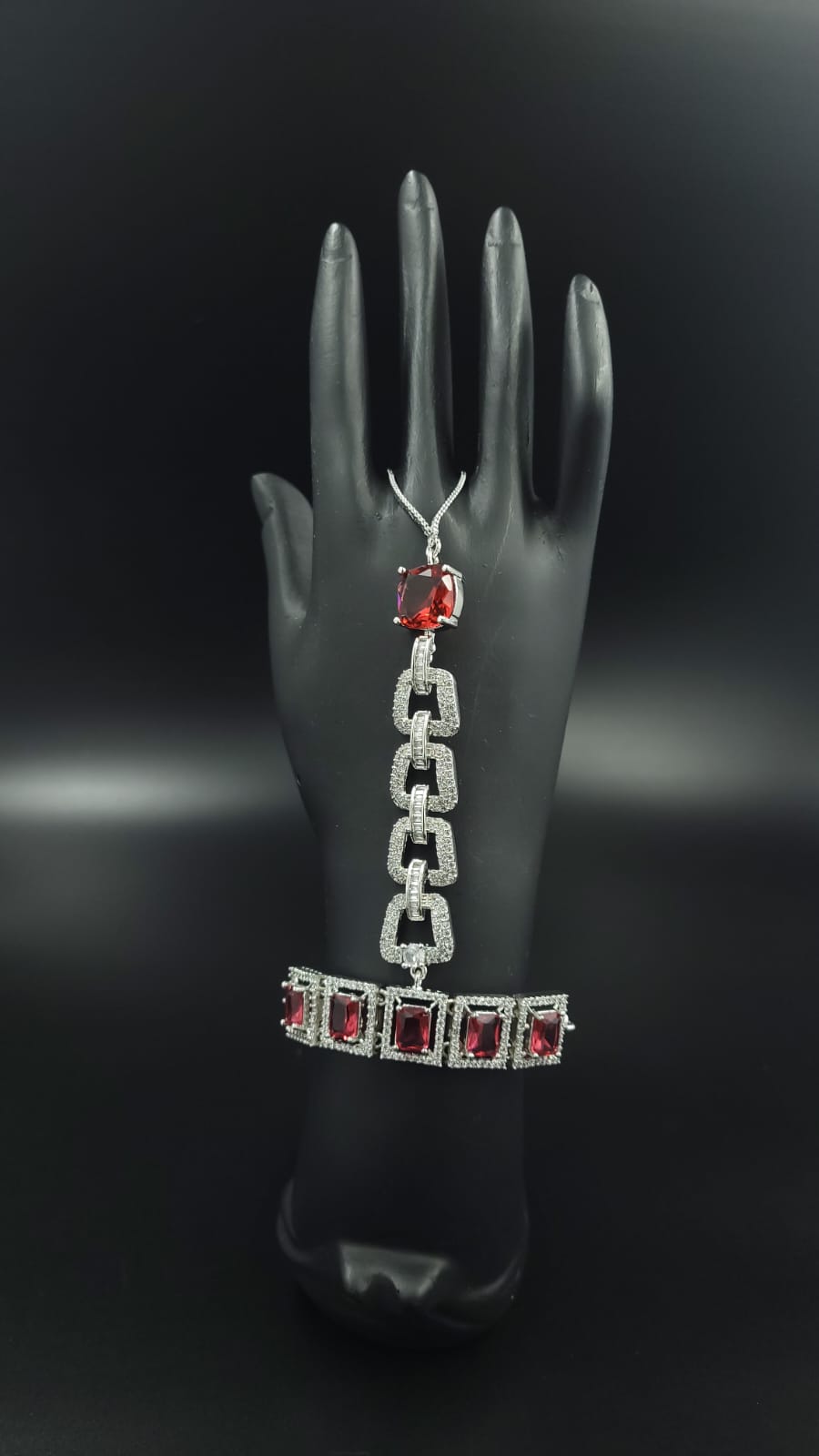 AD hath phool | Hath panja | Hand Bracelet  with adjustable pully (Free Size) Red in color | Silver Plating