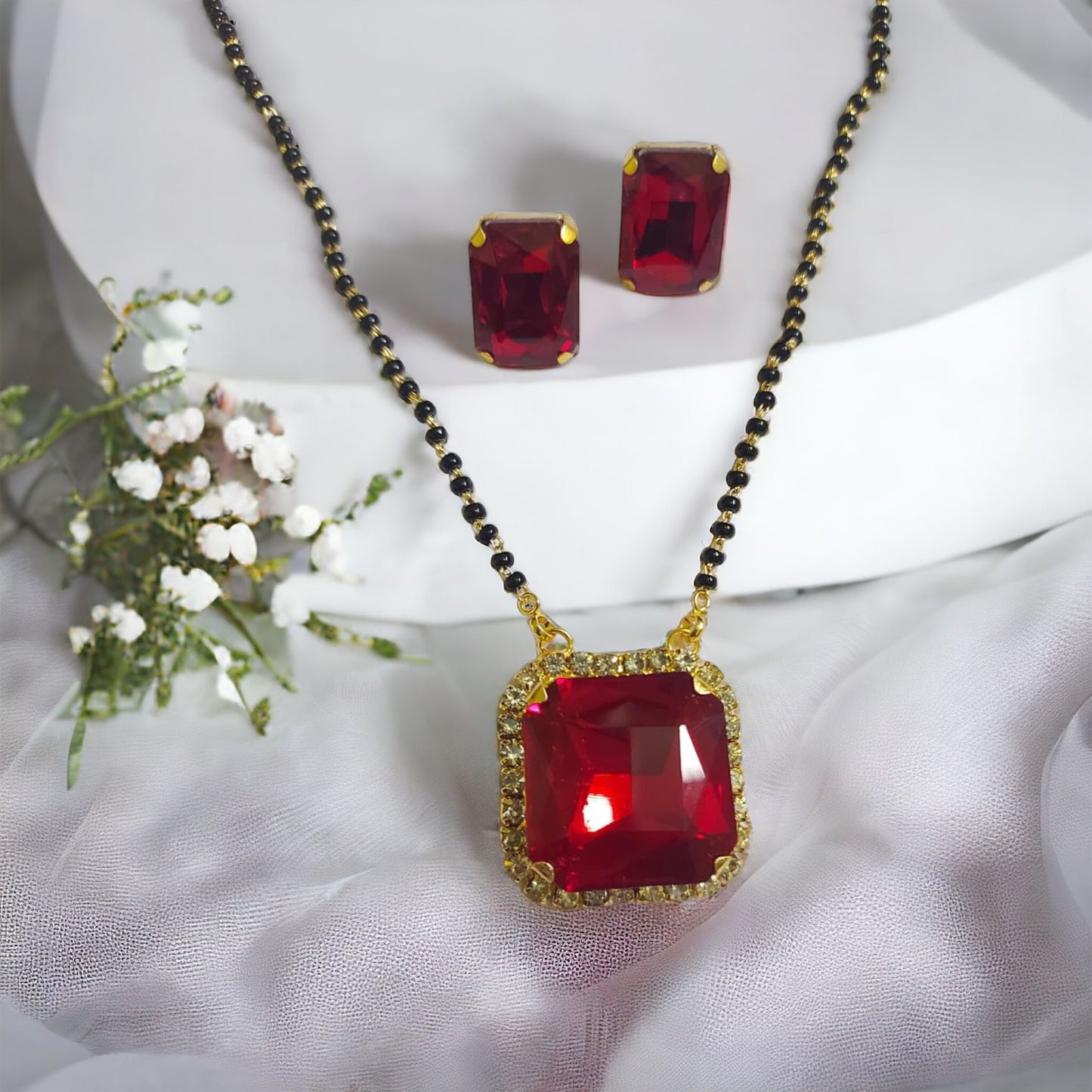 Square shaped Glass Stone Mangalsutra with earrings Red in color