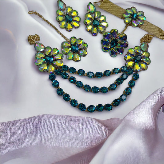 Glass Stone Necklace Multi layer lahori Flower Design with mang tika Peacock Blue and Rainbow Color