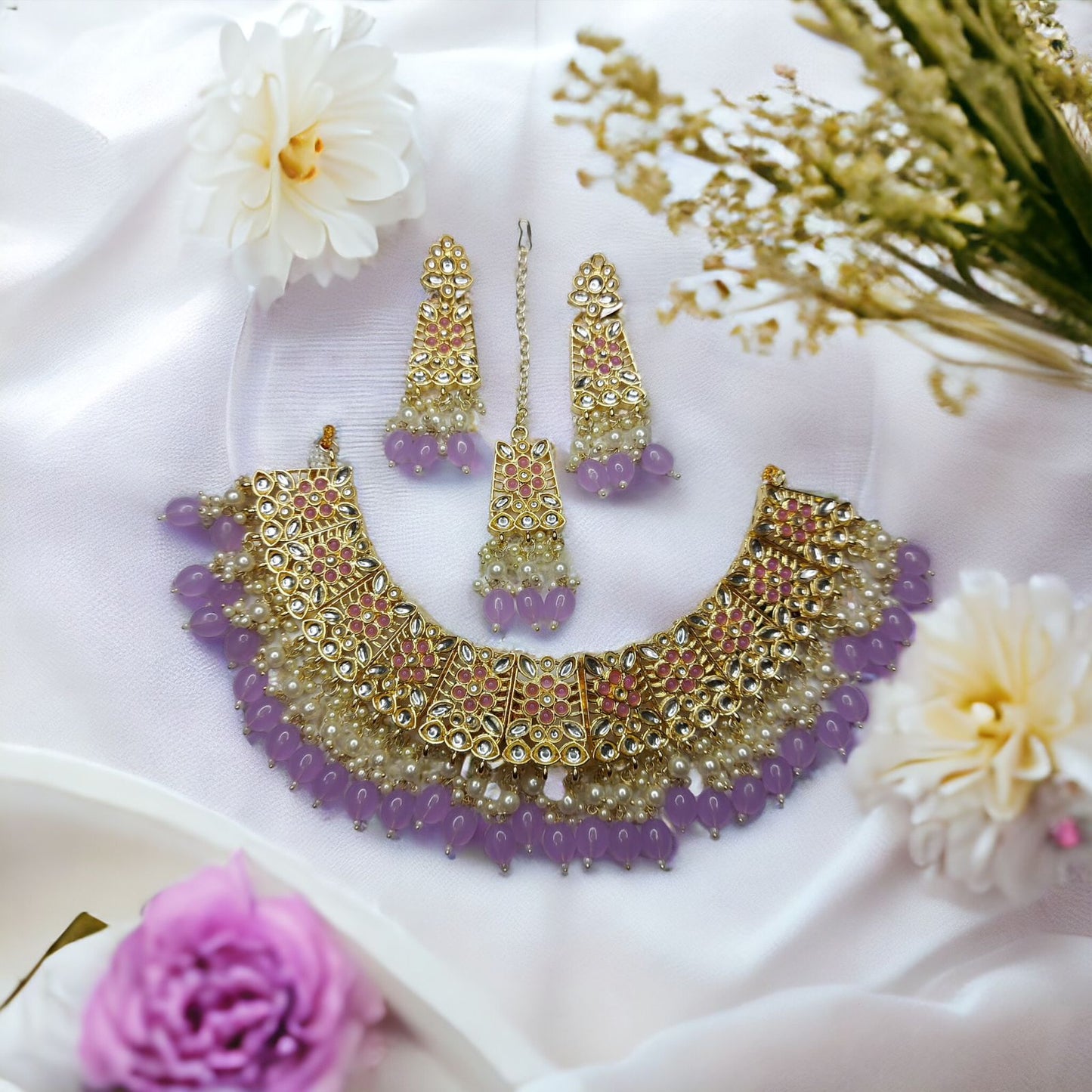 Kundan Hydro Crystal Necklace Set With Earrings Mangtika Lavender in Color