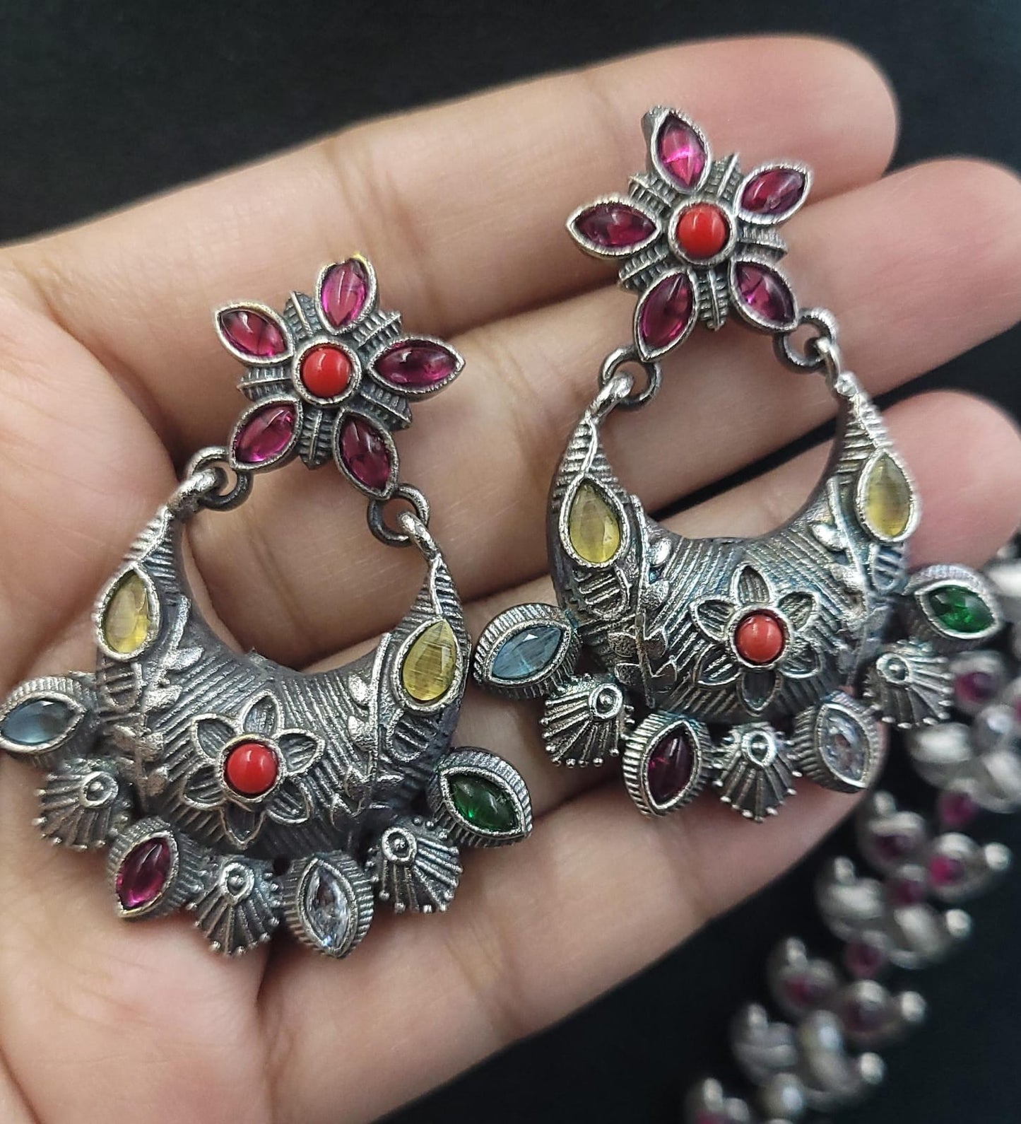 Silver Lookalike Long mala set with Navaratan stone work