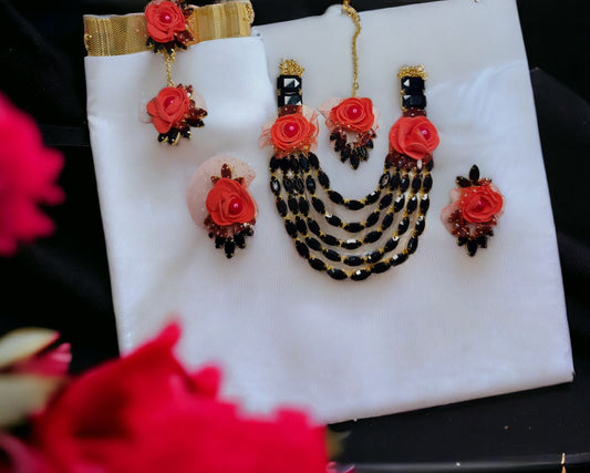 Floral Multi layer Glass Stone Necklace set with earrings mangtika and hath phool