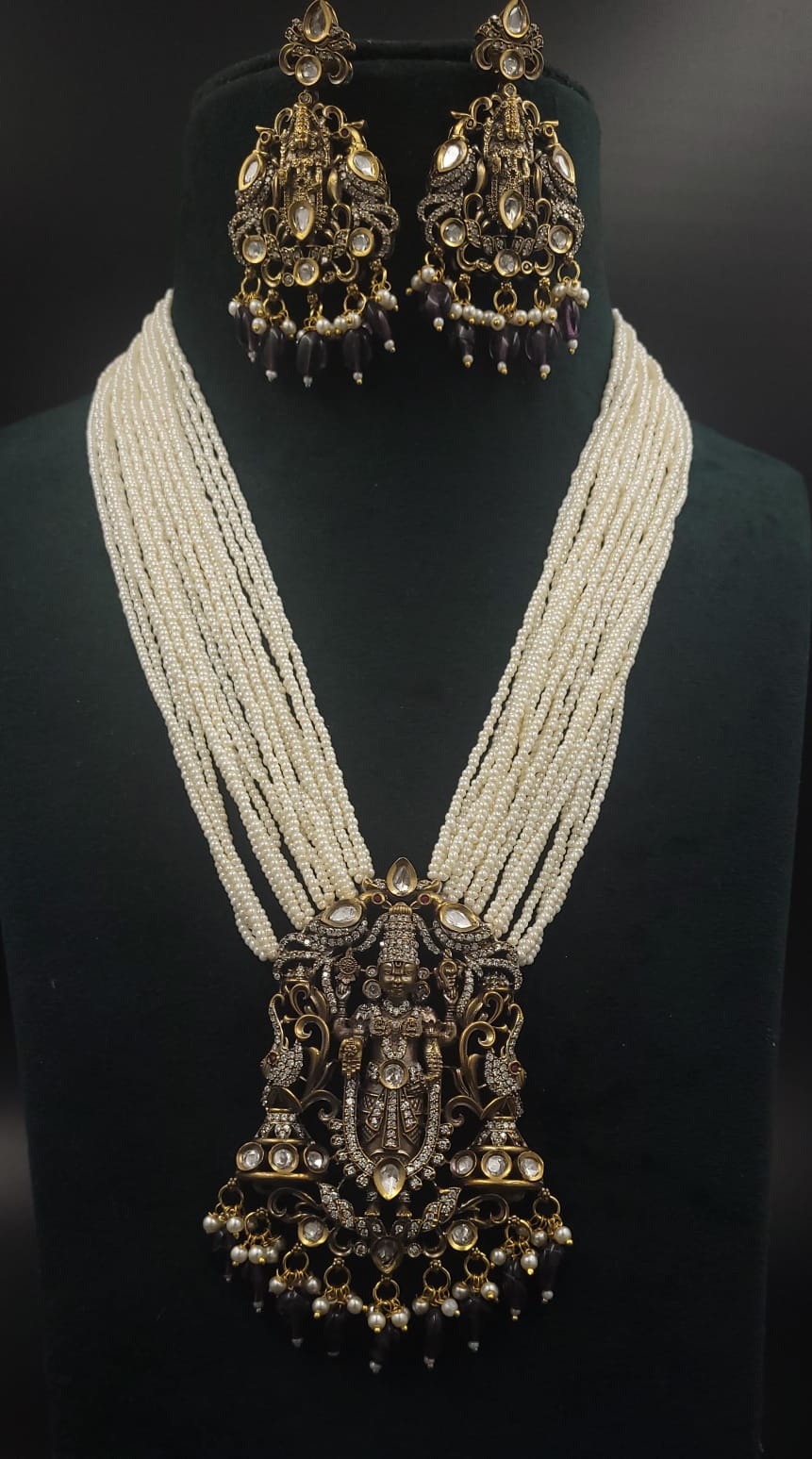 Shree Balaji Vishnu Dev Long Pearl Temple Necklace Set