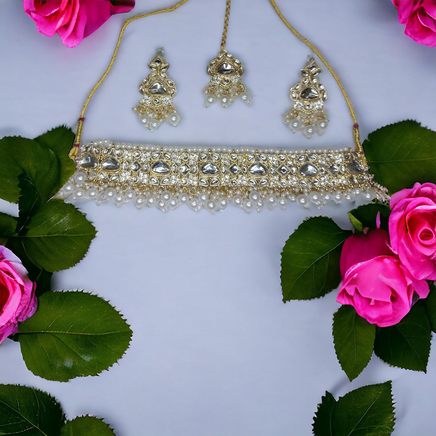 Kundan Polki With Hydro Crystal Choker Necklace Set With Earrings