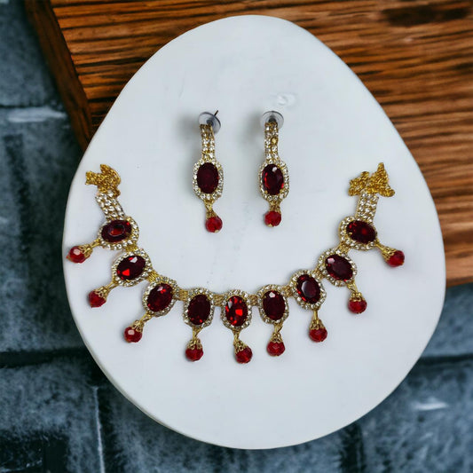 Glass Stone Necklace Set With Earring Red in Color