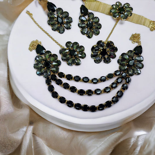 Glass Stone Multi layer lahori Flower Design with mang tika Black and Gray Color