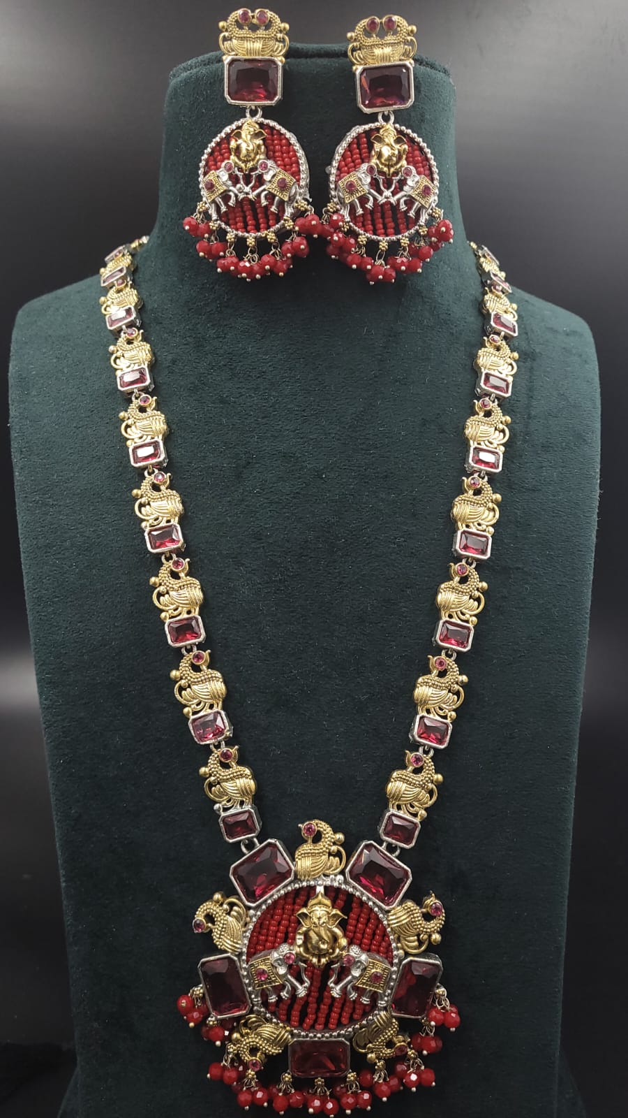 Dual Tone Silver Lookalike Long mala set with Ruby Doublet stone and crystal with Ganpati Motif