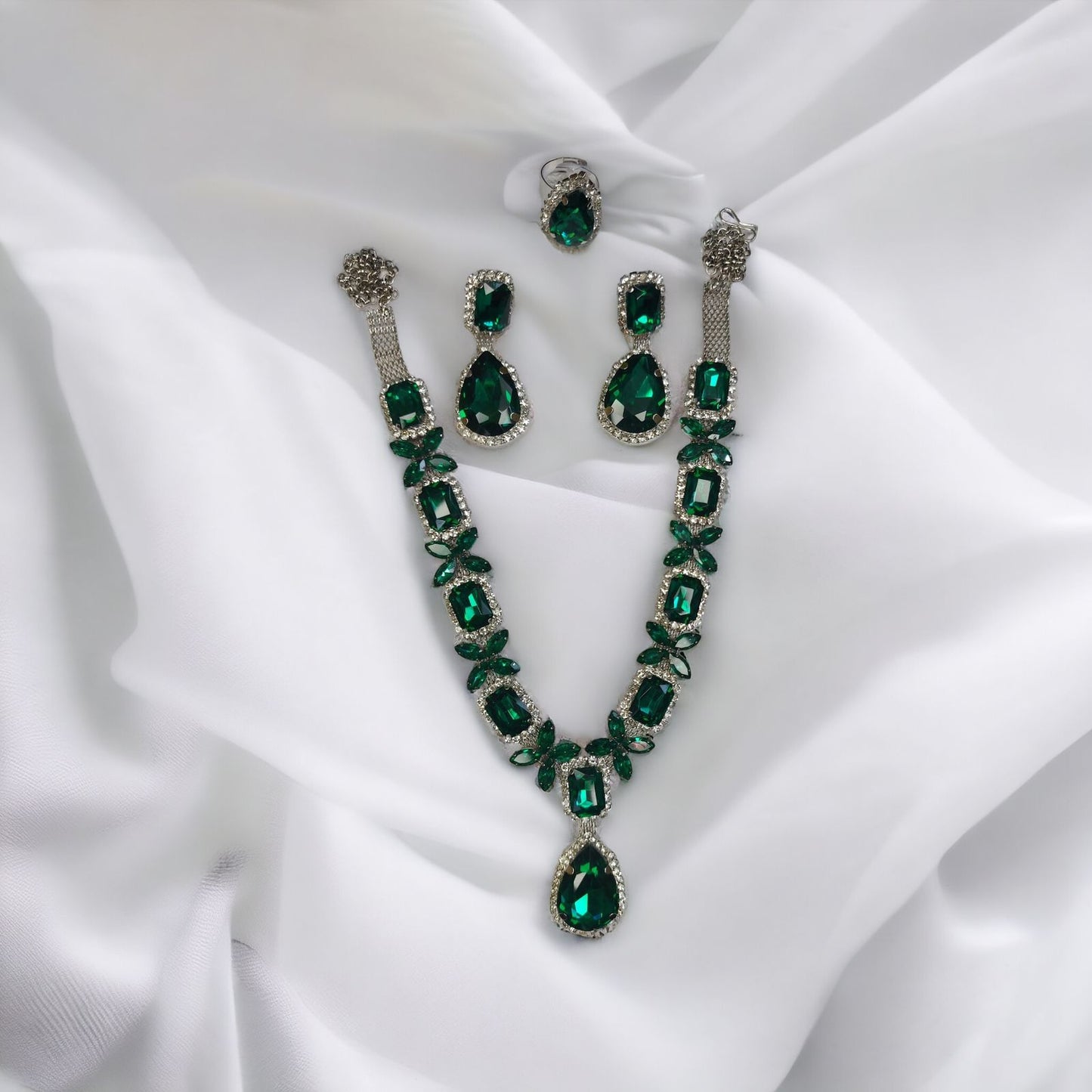 Glass Stone Necklace Set With Earrings And Adjustable Finger-Ring Green Color