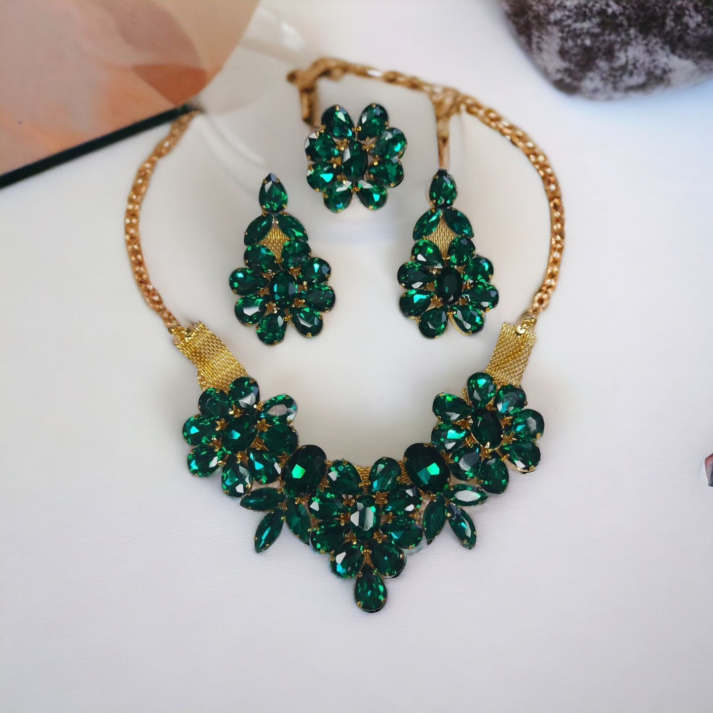 Glass Stone Necklace Set With Earrings And Adjustable Finger-Ring Green Color