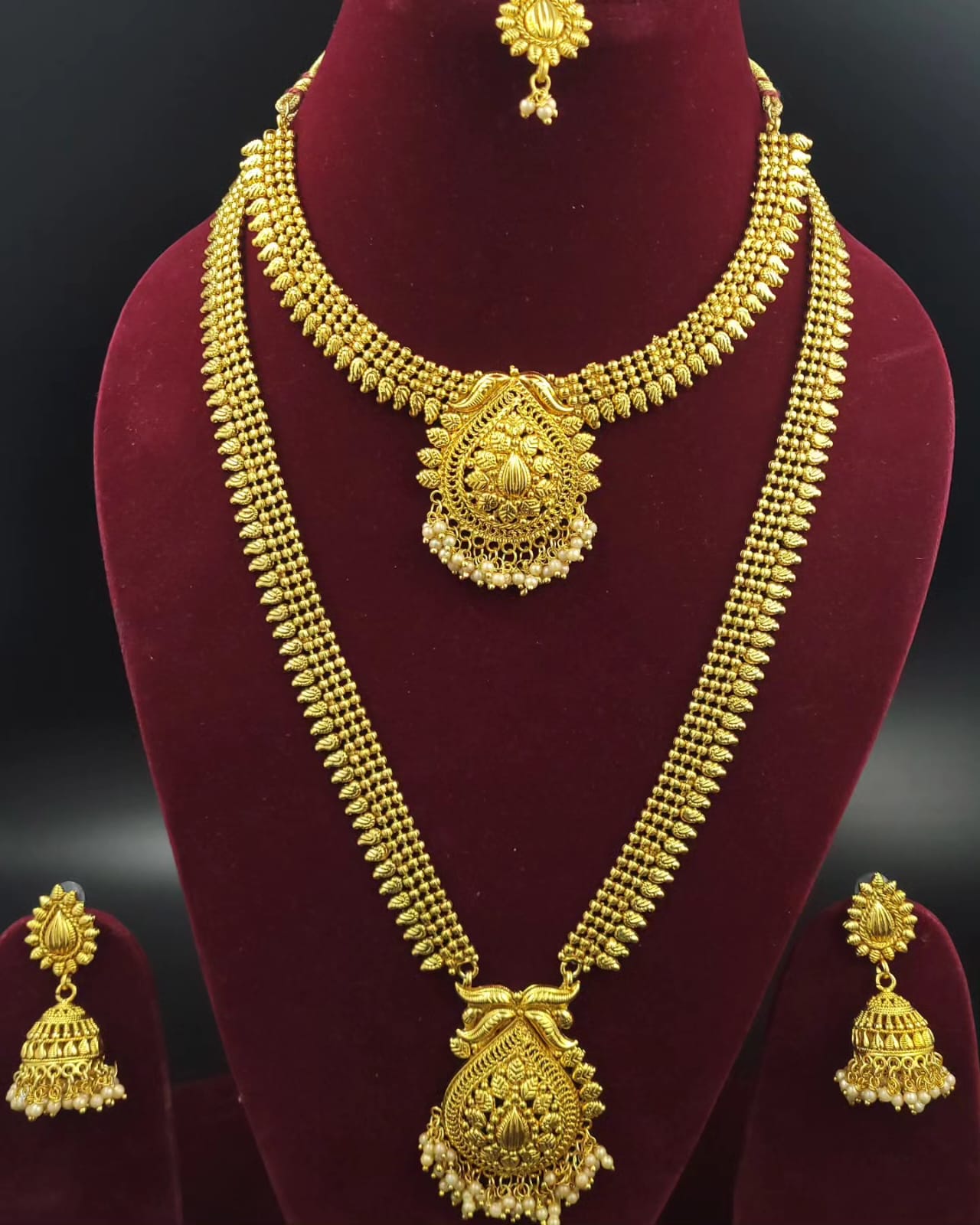 South Indian Temple Bridal Jewellery Combo Set  Contains Long Mala, Necklace,  Mangtika , Earrings