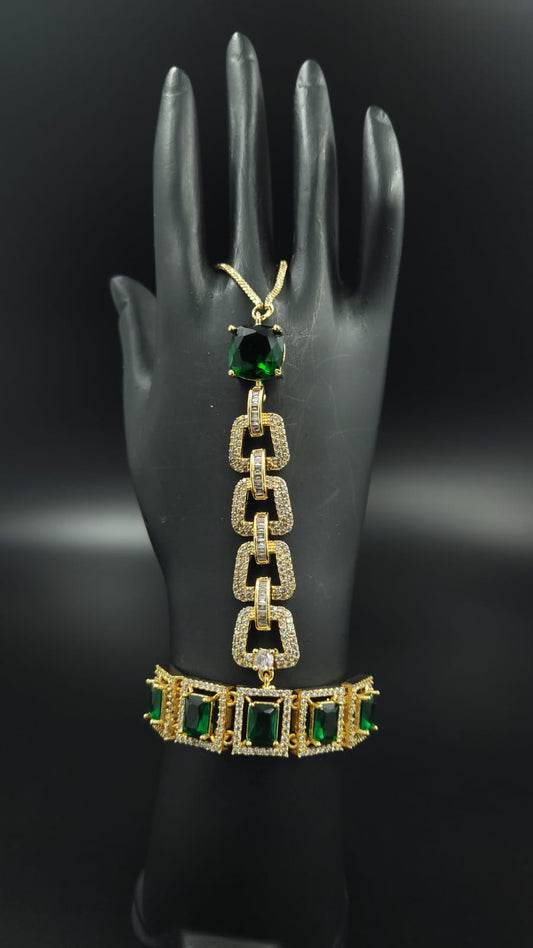 AD hath phool | Hath panja | Hand Bracelet  with adjustable pully (Free Size) Green in color | Gold Plating