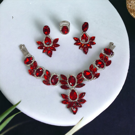 Glass Stone Necklace Set With Earrings And Adjustable Finger-Ring Red Color